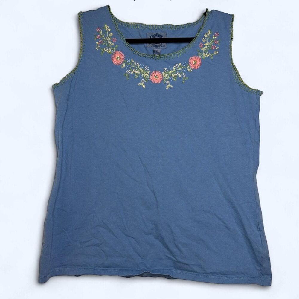 VTG 90's Cambridge Dry Goods Grandmacore Floral Embroidered Tank Top Blue XL